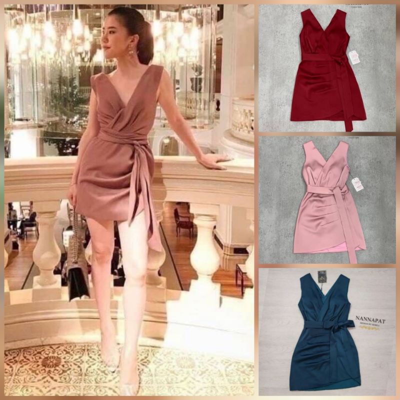 Cherish แท้💯ตรงปก✨ร้านนี้มีพร้อมส่งเลย✅ไม่ต้องเช็ค*ส่งไว💐 เดรสแขนกุดผูกเอว ชุดออกงานสี เขียว น้ำตาล ทอง ชมพู แดง