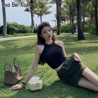 RUO BEI XUAN เสื้อกั๊กผู้หญิงคอเชือกแขวนคอยกทรงถักด้านในกลวงสั้นด้านบน