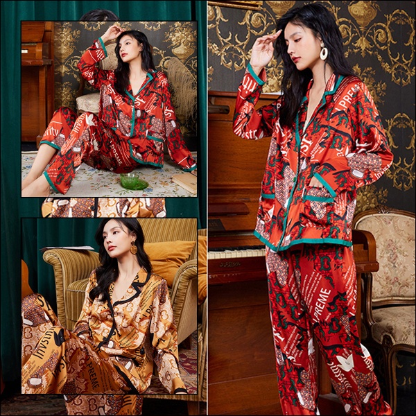 พร้อมส่ง ชุดนอน Silk Satin ไหมซาตินเกรดพรีเมี่ยม ลายกราฟฟิก ผ้านุ่มลื่นตรงปกแน่นอน (ST135)