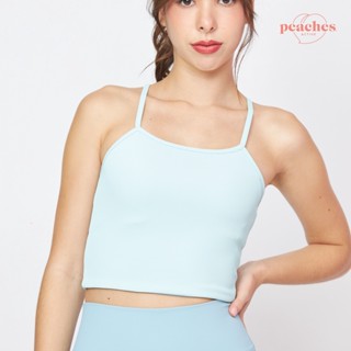 [Peaches active] Ribbed Reversible Crop top (Teal) - เสื้อสายเดียว ฟ้า / เสื้อออกกำลังกาย เสื้อผ้าโยคะ เล่นกี