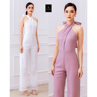 ♥️ M1 S-L Jumpsuit จั๊มสูทขายาว สีขาว สีชมพู เสื้อคล้องคอ ผูกโบว์ด้านหลัง มีซิปซ่อนและซับในเต็ม LUXE