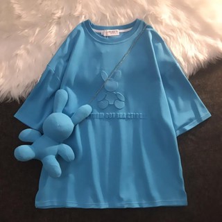 ใหม่ เสื้อแขนสั้น ความยาวปานกลาง ลายการ์ตูนกระต่าย สีฟ้า สําหรับผู้หญิง