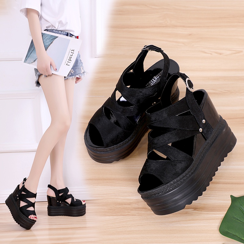 Elegant Fish Mouth Womens Wedges รองเท้าแตะสีทึบ Super รองเท้าส้นสูง 12 ซม.รองเท้าแตะเพิ่มความสูงสําหรับ Lady/Women ขนาด 35-39