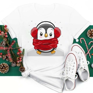 Penguin Animals Fashion Christmas T Shirt 90s Kawaii Cartoon Merry Christmas Tees Tops Women T-Shirt Clothesเสื้อยืดผู้ห