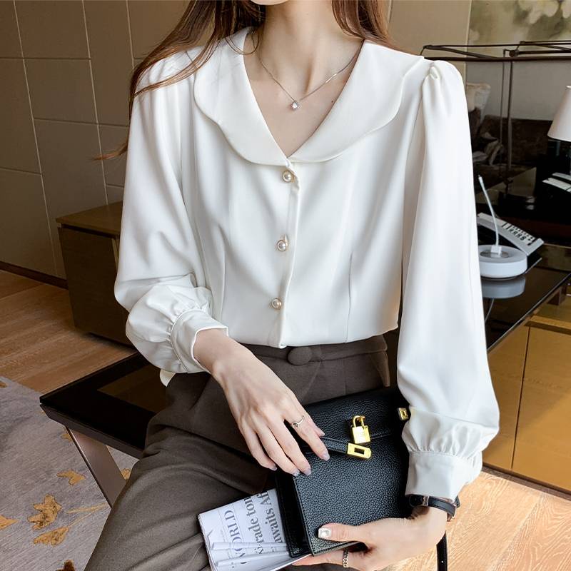 สาวพลัสไซส์ อก 36-60 เสื้อเชิ้ตสาวอวบ แต่งคอบัวหยัก กระดุมมุก แขนยาว/แขนตุ๊กตา เสื้อทำงานสาวอวบ เสื้อผ้าสาวอวบ