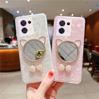 เคสโทรศัพท์ OPPO Reno 8 5G Reno8 Pro 8Z Reno7 Pro 7Z Reno6 Pro 6Z Reno5 Pro 5Z 5G เคสโทรศัพท์มือถือแบบนิ่มใสลายแมวพร้อมกระจกแต่งหน้าสําหรับเคส Reno8Pro Reno8Z