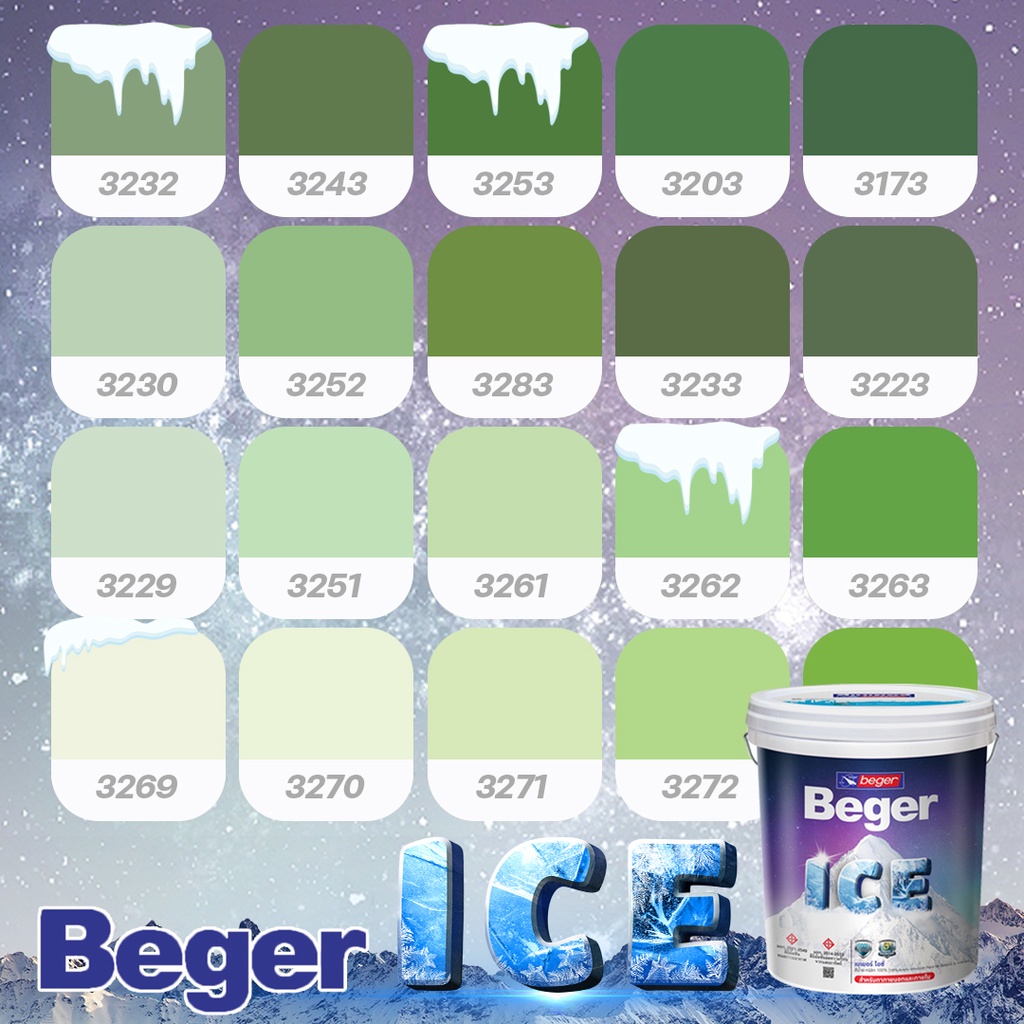 Beger สีเขียวอมเทา กึ่งเงา ขนาด 3 ลิตร Beger ICE สีทาภายนอกและใน เช็ดล้างได้ กันร้อนเยี่ยม เบเยอร์ ไอซ์