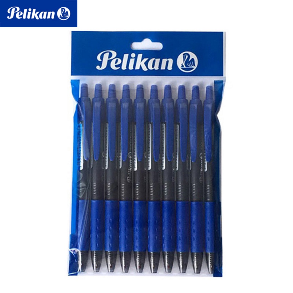 Pelikan ปากกาเจลหมึกน้ำเงิน 0.5 มม. (แพ็ค10ด้าม) ปากกาซ๊อฟท์เจลแบบกด เขียนสวย ลื่น หมึกแห้งไว