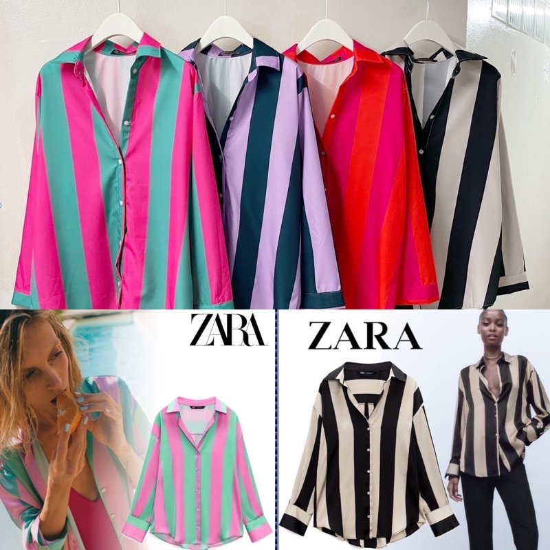 silk shirt เสื้อเชิ้ต คอปก ลายริ้วใหญ่ เชิ้ตสีสด เรียบหรู