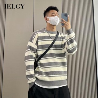 Ielgy เสื้อกันหนาว คอกลม หนา ลายทาง สีตัดกัน สไตล์ญี่ปุ่น สําหรับผู้ชาย