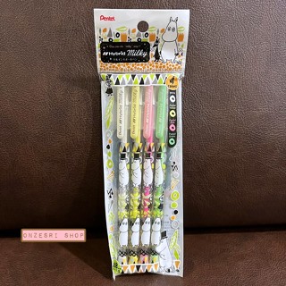 Set ปากกา Pentel Hybrid Milky 4 สี ลาย Moomin สีแนวพาสเทล หัว 0.8 หมึกสี White, Pastel Yellow, Pastel Pink, Pastel Green