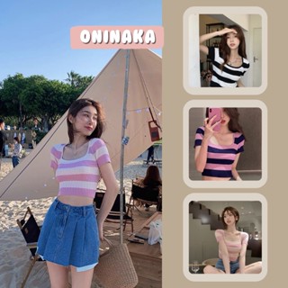 Oninaka เสื้อไหมพรมลายทางแขนกุด สีลูกกวาดน่ารักสดใส เสื้อครอป 9506#