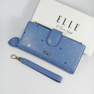 ELLE bag กระเป๋าสตางค์ผู้หญิงใบยาวพับประกบ สีฟ้า หนังแท้ลายโมโนแกรมรูปหัวใจ อะไหล่สีทอง