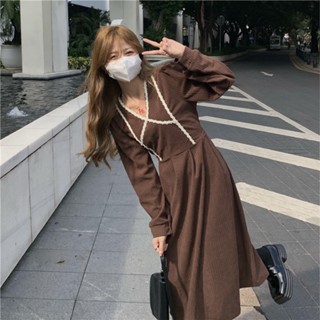 ชุดเดรสยาว แขนยาว ผ้าลูกฟูก ทรงหลวม สไตล์เกาหลี แฟชั่นฤดูใบไม้ร่วง สําหรับผู้หญิง