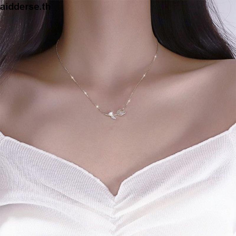 สร้อยคอโซ่ จี้ดอกทิวลิป ประดับเพชร โอปอล สไตล์เรโทร สําหรับผู้หญิง