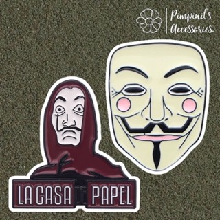 🇹🇭 พร้อมส่ง : 🎭 เข็มกลัดตัวละคร LA CASA DE PAPEL - Money Heist | Guy Fawkes Mask (V For Vendetta) Enamel Brooch Pin Set.