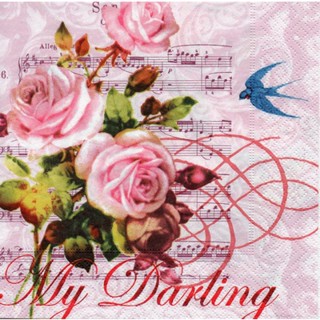 Pladao Napkin ภาพวินเทจ กุหลาบบนโน้ตเพลง My Darling กระดาษ แนพกิ้น สำหรับงานศิลปะ เดคูพาจ decoupage ขนาด L 33x33