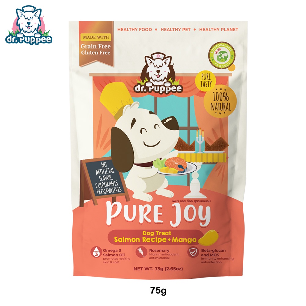 ล็อตใหม่ล่าสุด 2026 PURE Joy Dog Salmon Mango เพียวจอย ขนมสุนัขเพื่อสุขภาพ สูตรแซลมอน+มะม่วง  (Grain