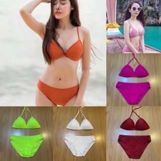 Bikini เต้าโรย คลาสสิค สีพื้น ผูกคอตะขอหลัง