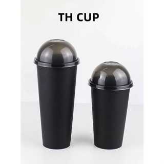 THCUP[แก้วพร้อมฝา25ใบ] แก้วดำPPแข็งพลาสติกใส เหมาะกับร้านชานมไข่มุก ร้านกาแฟพรีเมี่ยม90mm