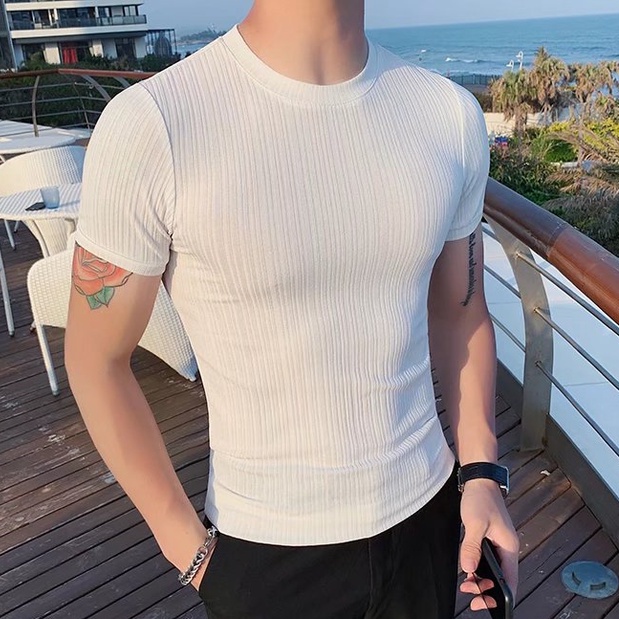 Meason cool T-Shirt™เสื้อยืดป้องกันเหงื่อและกลิ่น ผ้าถักยืดหยุ่น สีขาว สีดำ [ลายทาง เสื้อยืด] A21