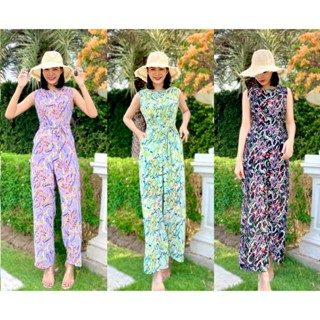 Chiffon : 3สี ดำ/เขียว/ม่วง จั๊มแขนกุดลายดอก กางเกงขายาว ผูกโบว์เอว อก 35" เอว 29" สพ 38" ยาว 52" #H30 #H31  #H32