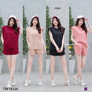 18220 Set 2 ชิ้น เสื้อแขนกุด สีพื้น + กางเกงขาสั้น Set of 2 pieces: solid color sleeveless shirt + shorts