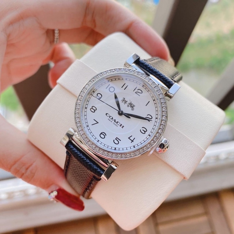 (ผ่อน0%) นาฬิกา ตัวเรือน สีเงิน สายหนังดำ COACH Madison Silver Dial Ladies Fashion Watch 14502399