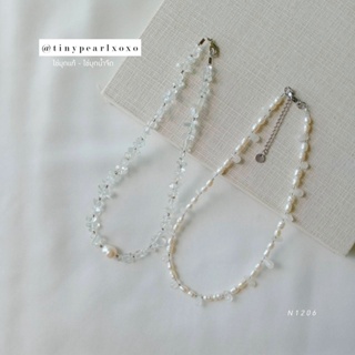 สร้อยไข่มุกแท้ หินรูปหยดน้ำ หินใส Pearl Quartz stone Necklace ไข่มุกแท้ ไข่มุกน้ำจืด Tinypearlxoxo N1206