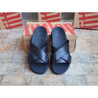 FITFLOP ORIN CROSS SLIDES LEATHER ALL BLACK