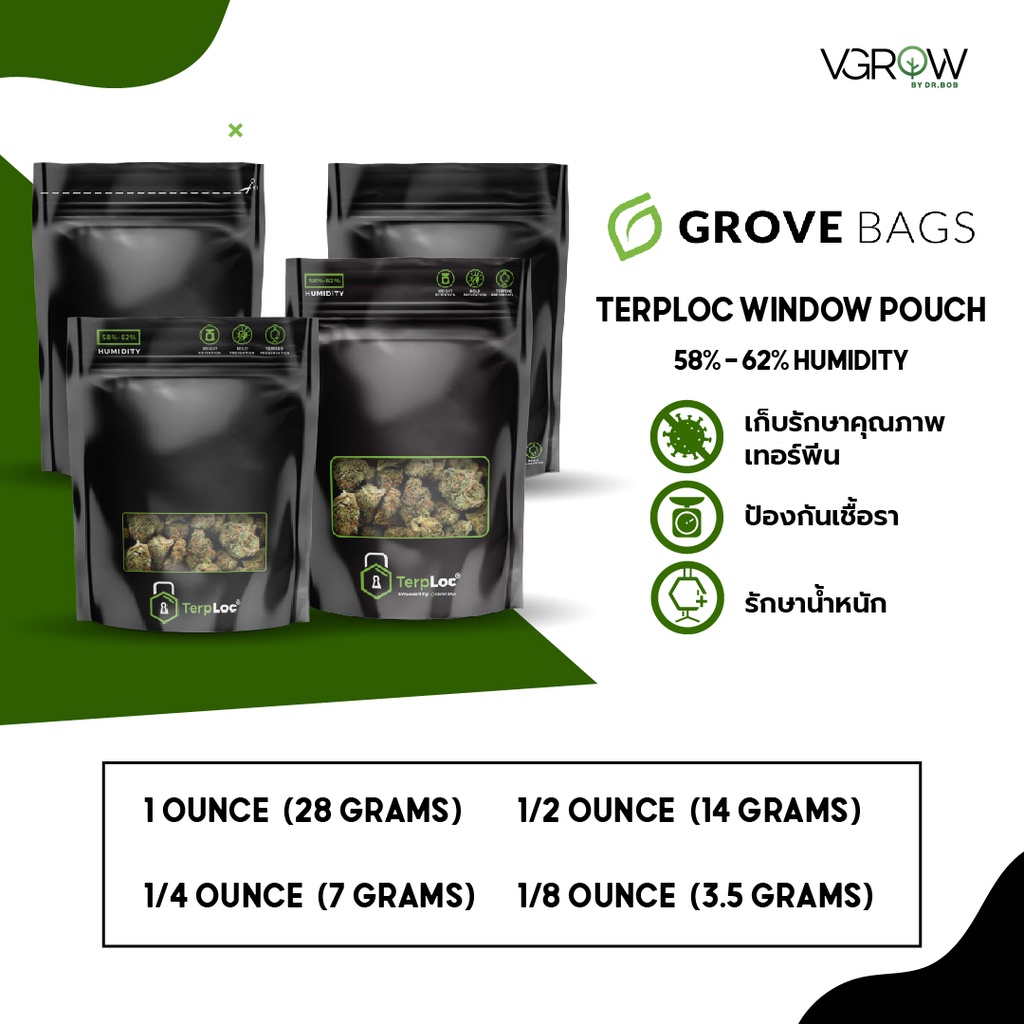 Grove Bags ถุงบ่มของแท้ TerpLoc Window Pouch ขนาด 1 oz 12 oz 14 oz 18