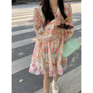 พร้อมส่ง Chiffon floral minidress 🥟🍜 C3730  มินิเดรสสั้นลายดอก มินิเดรสสั้นลายดอกสไตล์เกาหลี มินิเดรสสั้นน่ารักๆ มินิเ