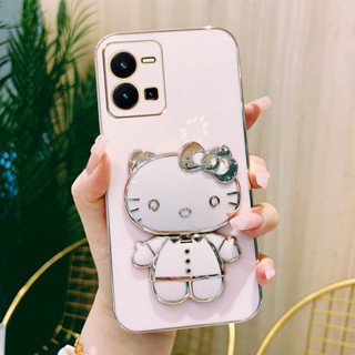 Zymello เคส VIVO Y22 Y22S Y35 Y02S Y16 Y21 Y12S Y12 Y20 Y11 Y01 Y15S Y50 Y33S Y12A ผู้ถือกระจกแต่งหน้าแมวแฟชั่นเคสโทรศัพท์ซิลิโคนชุบไฟฟ้า