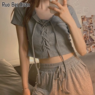 RUO BEI XUAN เสื้อครอปสายเดี่ยวแฟชั่นเกาหลีเซ็กซี่สำหรับผู้หญิง