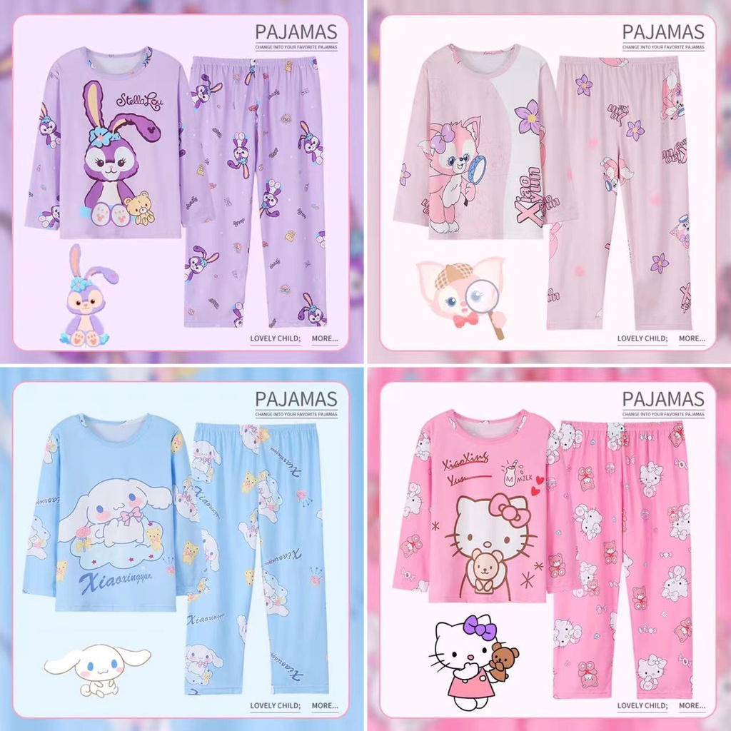 เสื้อผ้าสาวๆ ชุดนอนเด็กผู้หญิง ชุดนอนลายการ์ตูนสําหรับเด็ก เสื้อแขนยาว+กางเกงขายาว