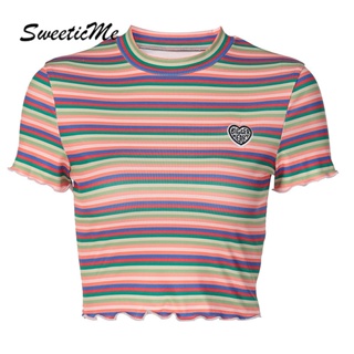 Sweeticme ใหม่ เสื้อยืดลําลอง แขนสั้น เข้ารูป สีตัดกัน แฟชั่นสําหรับสตรี 2022