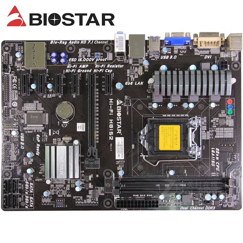 ☬♂✔ใช้ 6GPU 6PCIE สําหรับ BIOSTAR Hi-Fi H81S2 เมนบอร์ดการทําเหมืองแร่ H81 LGA 1150 i7 i5 i3 DDR3 PCI
