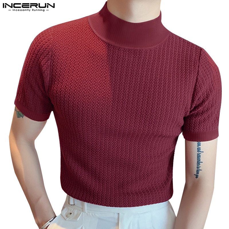 Incerun เสื้อยืดลําลอง คอเต่า แขนสั้น สีพื้น สําหรับผู้ชาย 4 สี