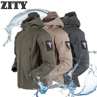 ZITY เสื้อแจ็คเก็ตเดินป่ากันน้ำ Soft Shell Tactical Jackets Windproof Mens Hooded Bomber