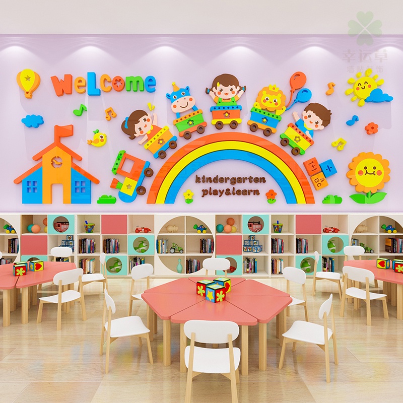 [วว สติ๊กเกอร์ติดผนัง] ยินดีต้อนรับ เด็กสายรุ้งสติ๊กเกอร์ติดผนังอะคริลิสามมิติสามมิติวอลล์เปเปอร์ติดด้วยตนเองสติ๊กเกอร์ติดผนังห้องเรียนอนุบาลเล
