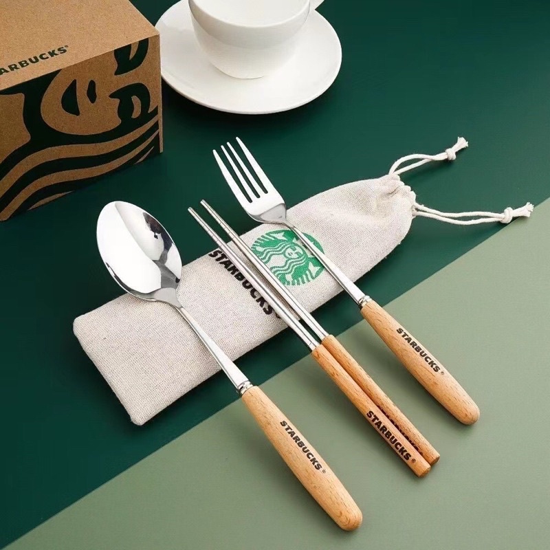 ช้อนส้อมพกพา ตะเกียบ ชุดช้อนส้อมไม้ ตะเกียบเกาหลี 3 ชิ้น Starbucks สเตนเลสเกรด 304 แท้ คุณภาพดี พร้อมกล่อง ชุดช้อนด้ามไม