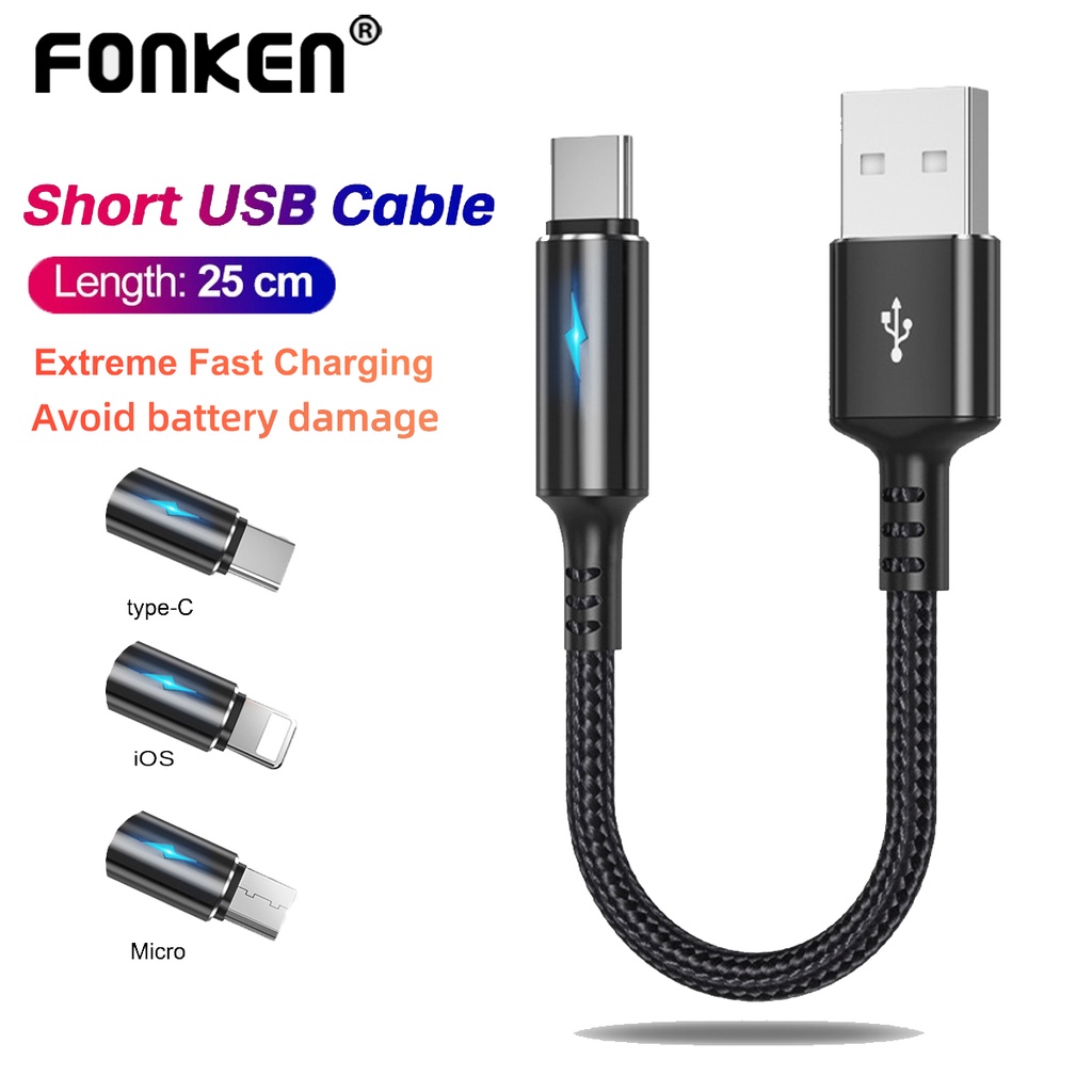 Fonken 2.4A 25 ซม.สั้นสายชาร์จ USB Micro USB Type C สําหรับ iP Samsung Android