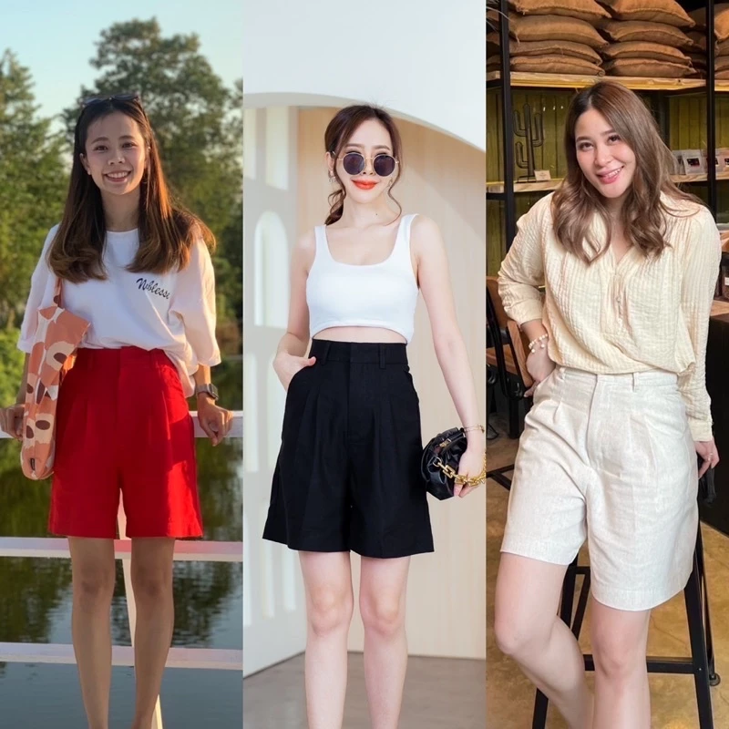 กางเกงขา2ส่วนผ้าลินินคอทต้อนทรงสวยเอวสูงตะขอหน้ามีกระเป๋าS-3XL✅