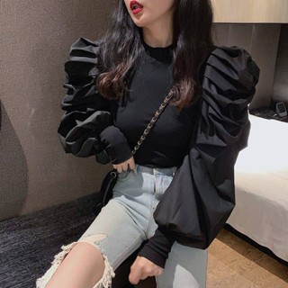 SH54 เสื้อเข้ารูปสลิมคอกลมแต่งแขน สไตล์เกาหลี