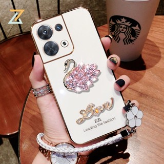 เคสโทรศัพท์มือถือ ชุบไฟฟ้า ลายหงส์ ดอกพลัม พร้อมสายคล้องมือ หรูหรา สําหรับ OPPO Reno8 T 5G Reno8 T 4GReno8 Z 5G Reno 8 5G Reno7 Z 5G Reno 7 5G Reno6 Z 5G Reno 6 5G Reno 4 Reno 5