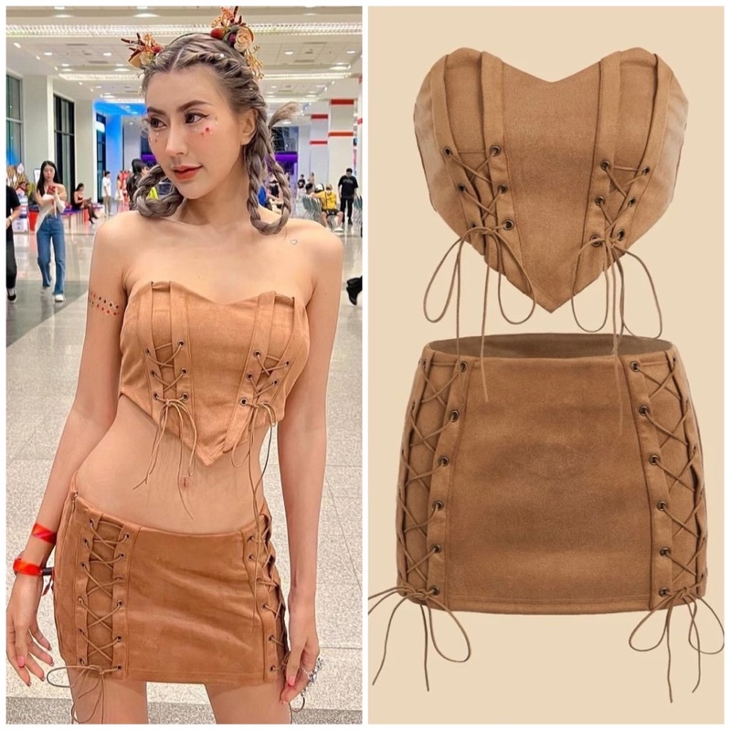 Cowboy Set เซ็ตเกาะอก+กระโปรงสีน้ำตาล แต่งเชือกผูกหน้า ใส่ไปคอนคือปัง