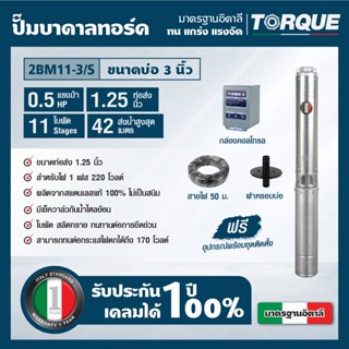 TORQUE TQ-SP-2BM11-3/S ปั๊มบาดาลทอร์ค ชุด Submersible Pump 0.5 HP. 11 ใบพัด 1.1/4" บ่อ 3"