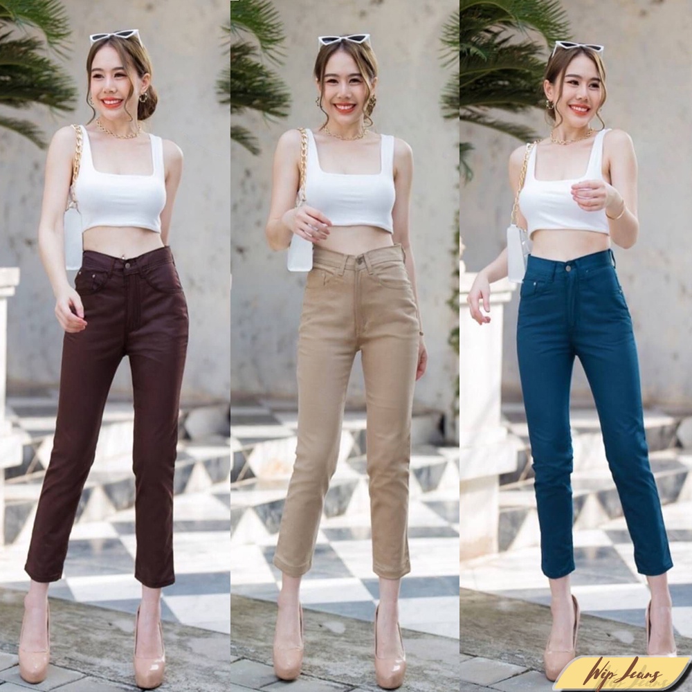 กางเกงผู้หญิงเอวสูงขายาว ผ้ายืด ทรงบอย ใส่ได้หลายโอกาศ 3สีให้เลือก