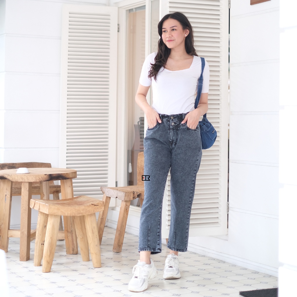 Mom Jeans Baggy Highwaist Pants พร้อมเอวยางยืดระดับพรีเมียม - Mom Jeans Baggy FTR
