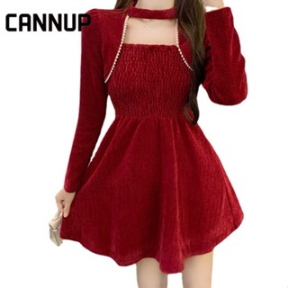 CANNUP ชุดสีแดง ชุดคริสต์มาส แขนยาว กระโปรงสั้น Dresses A22M03D